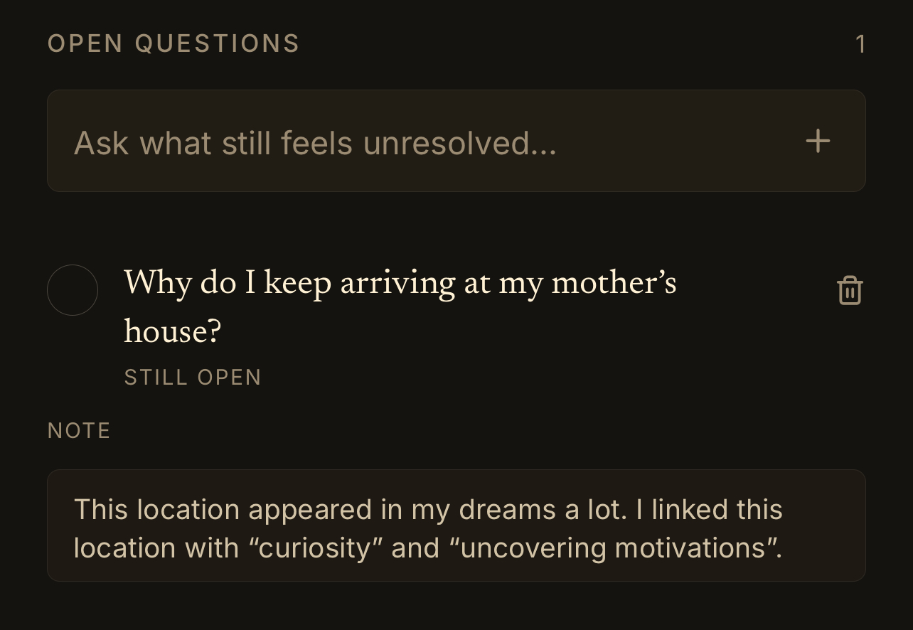 Open Questions tile showing an unresolved question and note