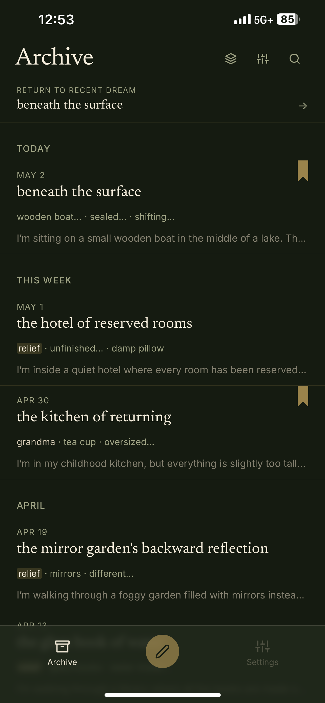 Green Room theme showing the Velum archive screen