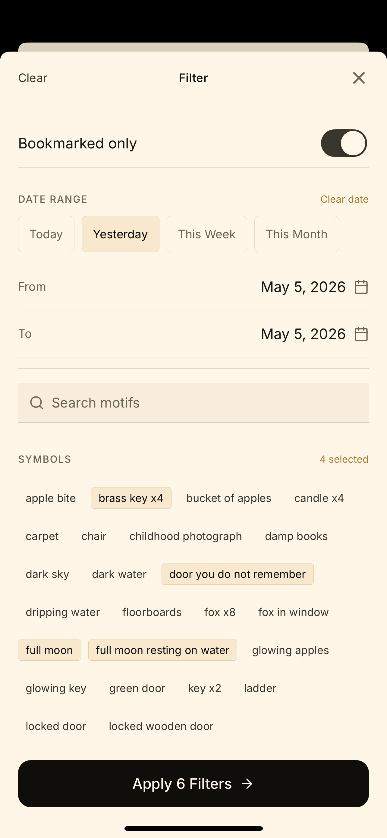 Velum archive filter drawer showing date range, motifs, places, and selected filters