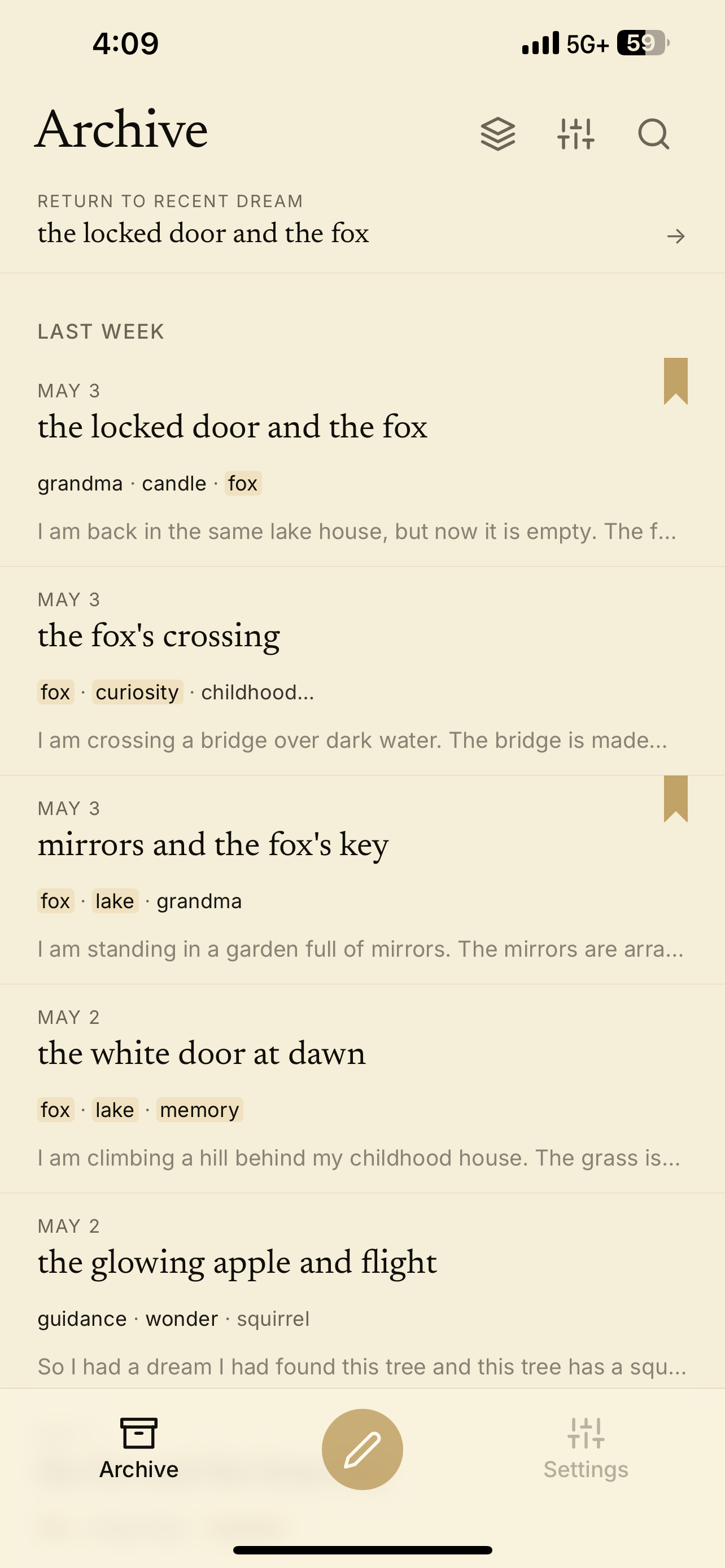 Velum archive showing recent dreams and bookmarked entries