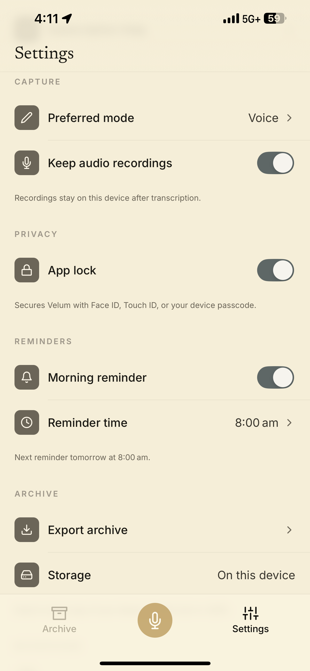 Velum settings screen showing account, capture, app lock, and reminder controls