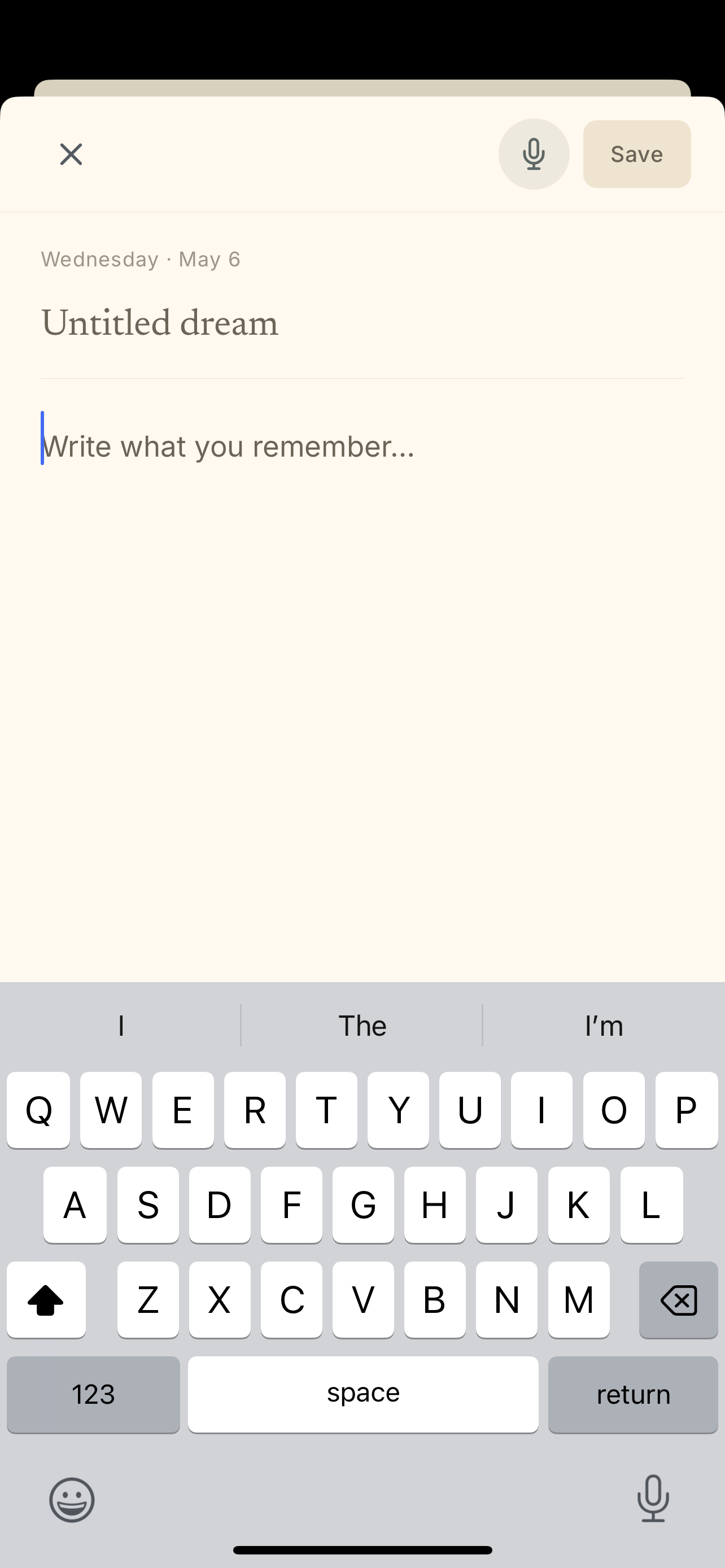Velum text entry screen for writing a new dream
